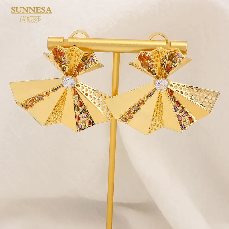 SUNNESA Italian 18k Gold Plated Earrings for Women Geometric Luxury Colorful Zircon Big African Clip Earrings Dubai Jewelry