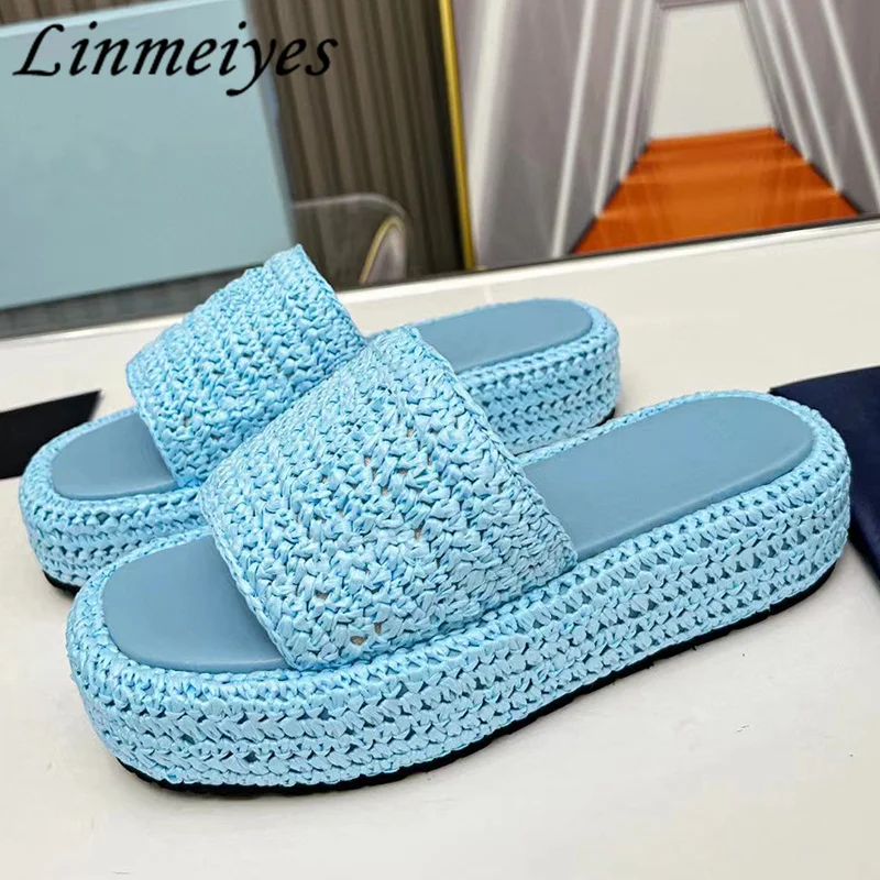 

Hot Sale Casual Flat Slippers Women Fashion Cane Braid Slides Shoes Female Round Toe Peep Toe Mules Shoes Summer Slippers Woman