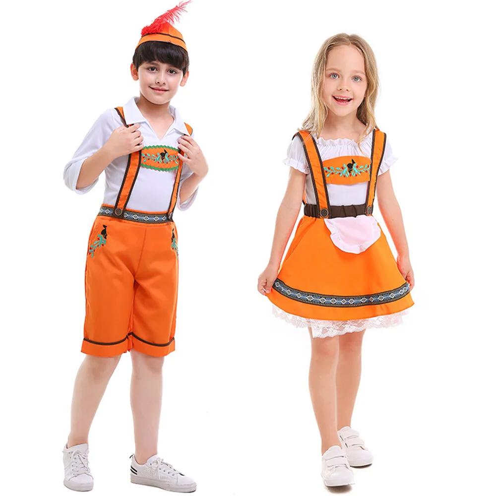 Bambini Arancione Lederhosen Oktoberfest Costume Tedesco Bavaresi Fantasia Uniforme Da Festa Ragazzo Ragazze Birra Cameriere Costumi Da Cameriera
