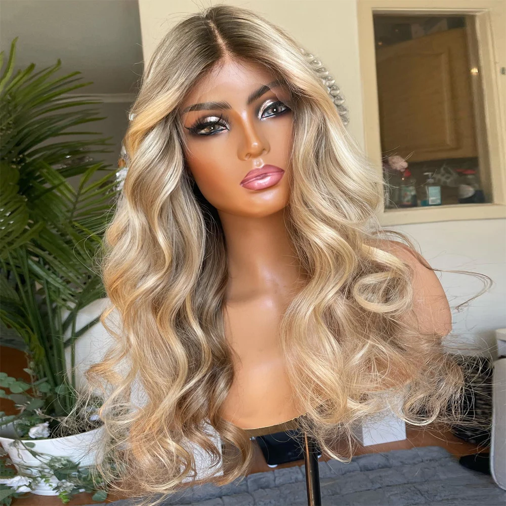 

Blonde Highlights Full Lace Wig Light Ash Brown Root Melting Wig 100% Virgin Human Hair Wig 150 Density Lace Front Wig 13X6 HD