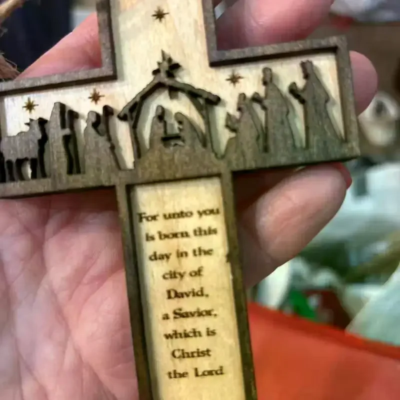 1pc 3D Nativity Scene Wooden Cross Ornament, Handmade Christmas Tree Decoration, Home And Religious Decoration