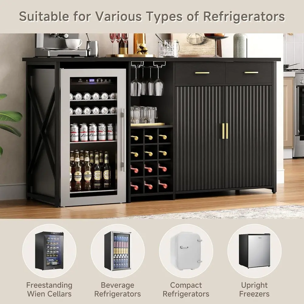 Mini Fridge Cabinet with Storage,69.01" Coffee Bar Cabinet with Fridge Space,Wine Outlet,Wine Rack & Drawers