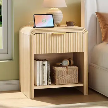 Fluted Nightstand with Charging Station – Gold Handles & Open Shelf 1