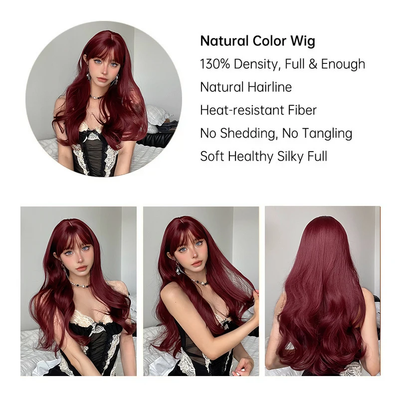 Body Wave long Wig for Women Burgundy Red Colorful Daily Soft Wig with Bangs Natural Party Cosplay Synthetic Hair Heat Resistant