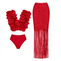 2025 Solid Red Flower Bikini Swimsuit Luxury Women Swimwear Sexy Swim Suit Deep V Monokini Off Shoulder Bodysuit Bathingsuit - Image 3