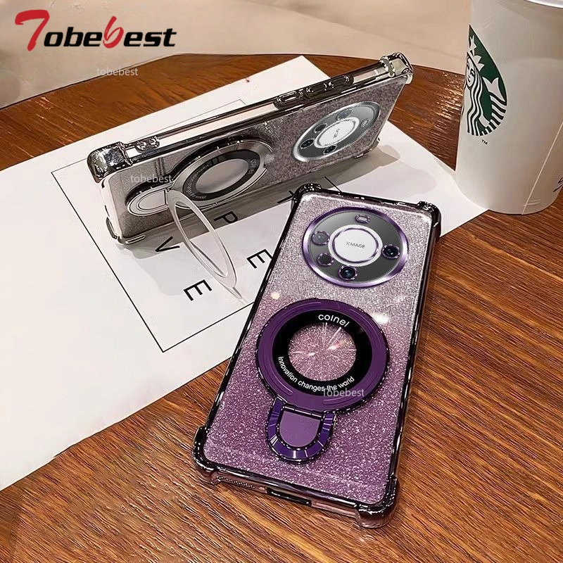 Glitter Plating Shockproof Magnetic Holder Phone Case with Bracelet Cover