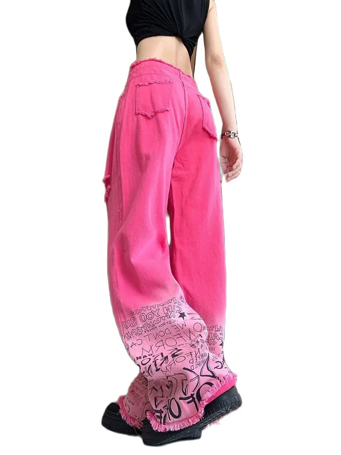 Jeans Ripped Graffiti Rough Selvedge Rose Red High-Waisted Y2k Women Baggy Harajuku Streetwear Denim Trousers Mopping Pants