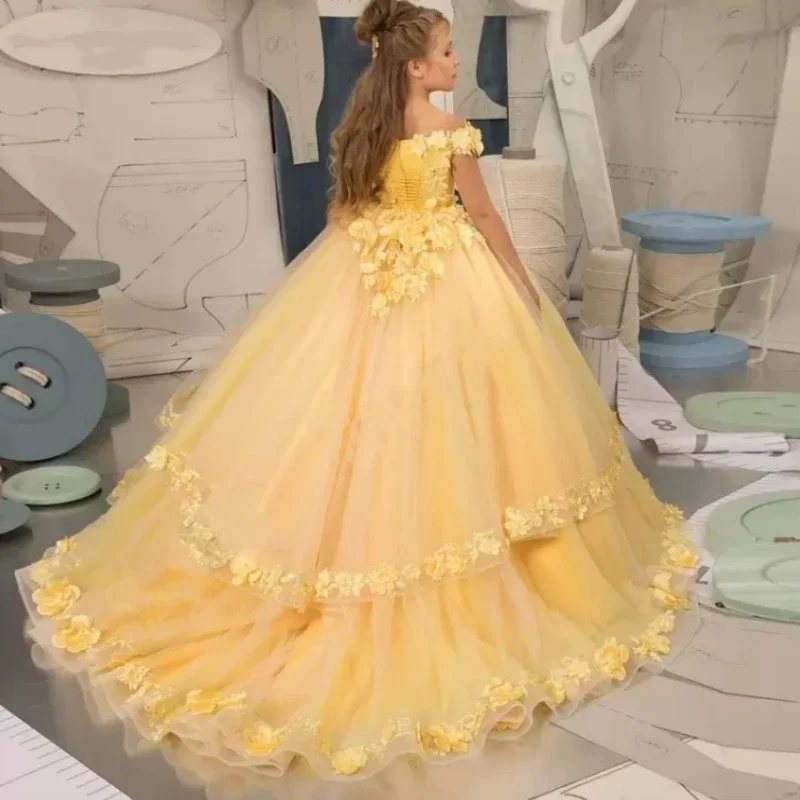 Customize Yellow Flower Girl Dresses Beading Appliqued Pageant Birthday For Girls First Communion Dresses Kids Prom Dresses
