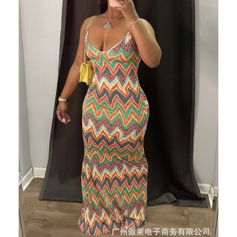 

Women Sleeveless Long Slim High Waist Printed Dress Floor Length Spring Summer Chevron Pattern Cami Maxi Dress