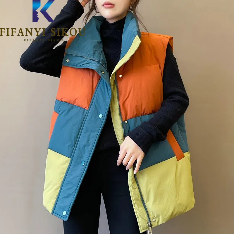 

Жилет женский пуховой на молнии, модный пуховик в стиле пэчворк, безрукавка свободного покроя, Осень-зима