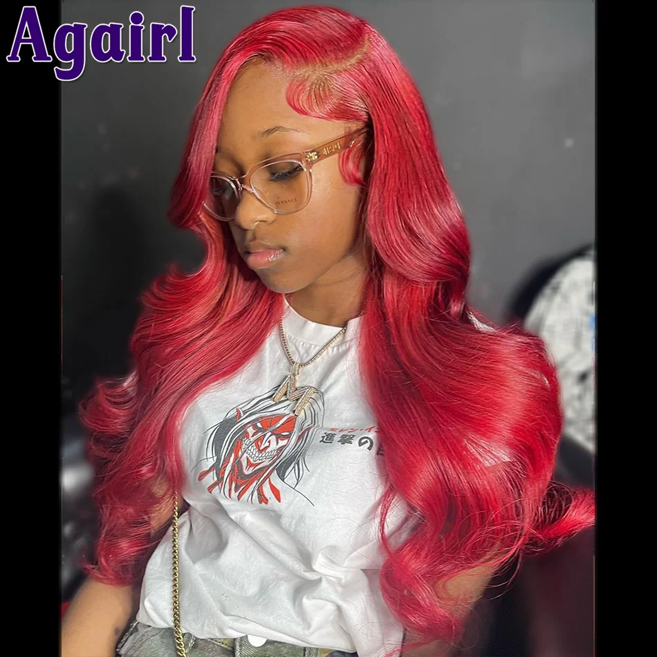 Perruque Lace Closure Wig Body Wave sans colle rose 99J, cheveux naturels, 13x6, avec mèches rouges