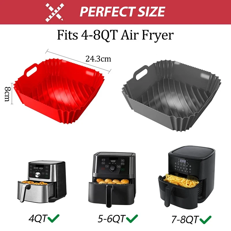 Square Non-Stick Silicone Air Fryer Basket Tray - BPA-Free Kitchen Cooking Accessory