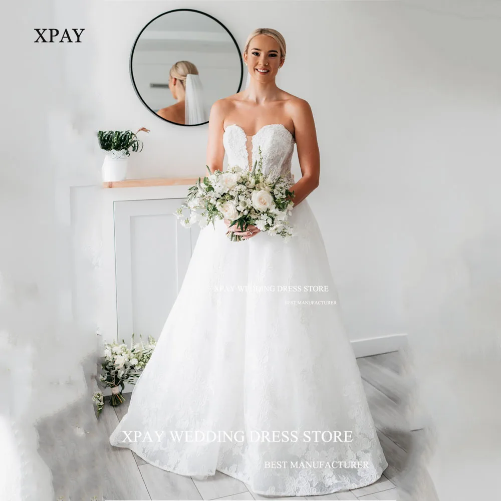 

XPAY Strapless Lace Appliques A Line Wedding Dresses For Women Sleeveless Backless Bride Gown Custom Made Vestidos De Novia