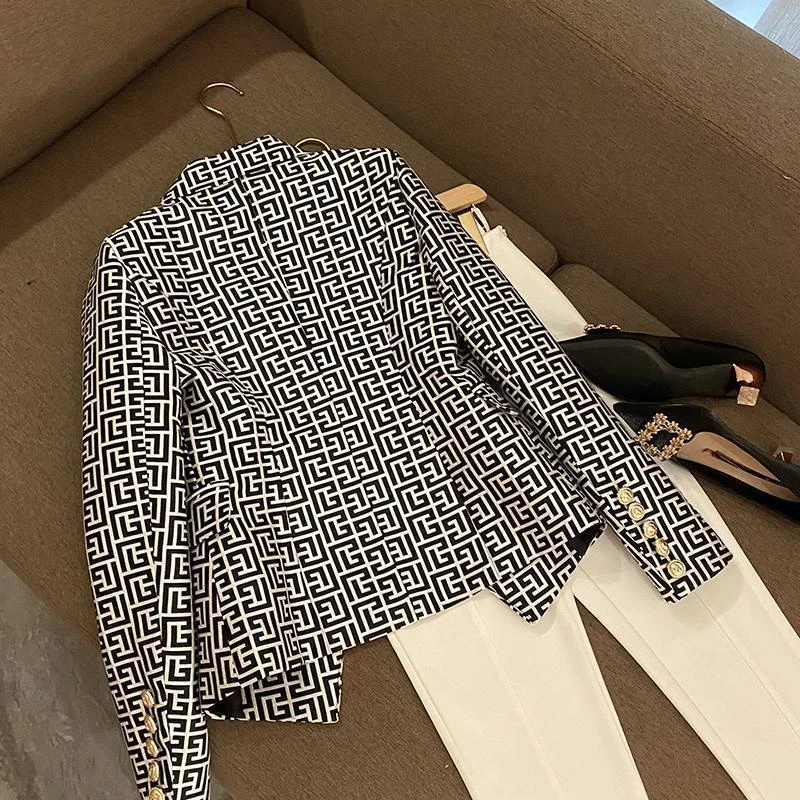 Spring Autumn Casual Suit Jacket Women 2024 New Loose Fashion Geometric Figure Coat Single Buckle Blazer Tops Outerwear Female