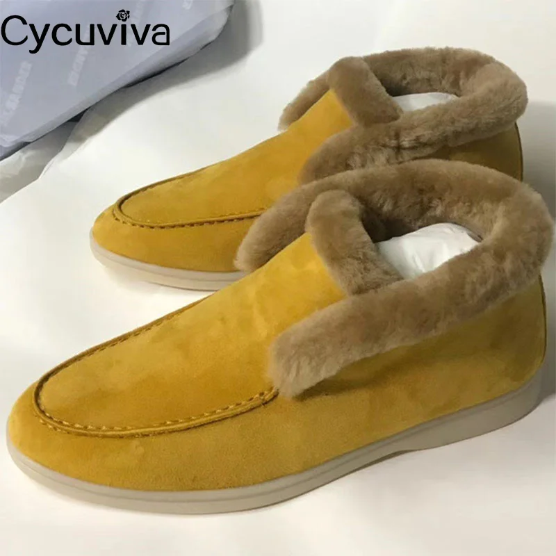 

Designer Winter Fur Shoes Women KidSuede Warm Wool Ankle Snow Boots High Top Flat Casual Summer Walk Shoes Slip On Women Loafers