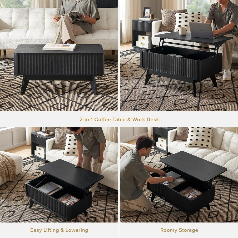 Brooklyn Lift Top Coffee Table for Living Room, Mid Century, Modern Farmhouse with Lifting Tabletop & Hidden Storage, Fluted Pa 5