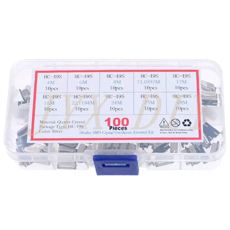 100PCS 10종류 HC-49S SMD 패시브 석영 크리스탈 발진기 키트 4M 6M 8M 11.0592M 12M 16M 22.1184M 24M 25M 48M 모듬형 공진기