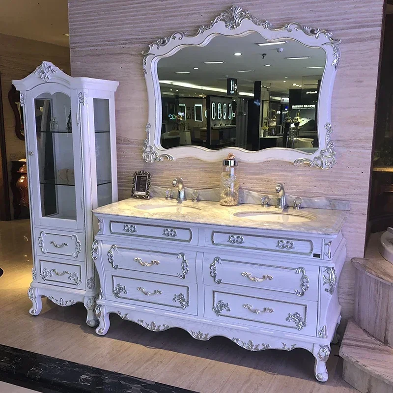 ~Solid wood European style bathroom cabinet double basin antique bathroom cabinet oak floor combination washbasin floor