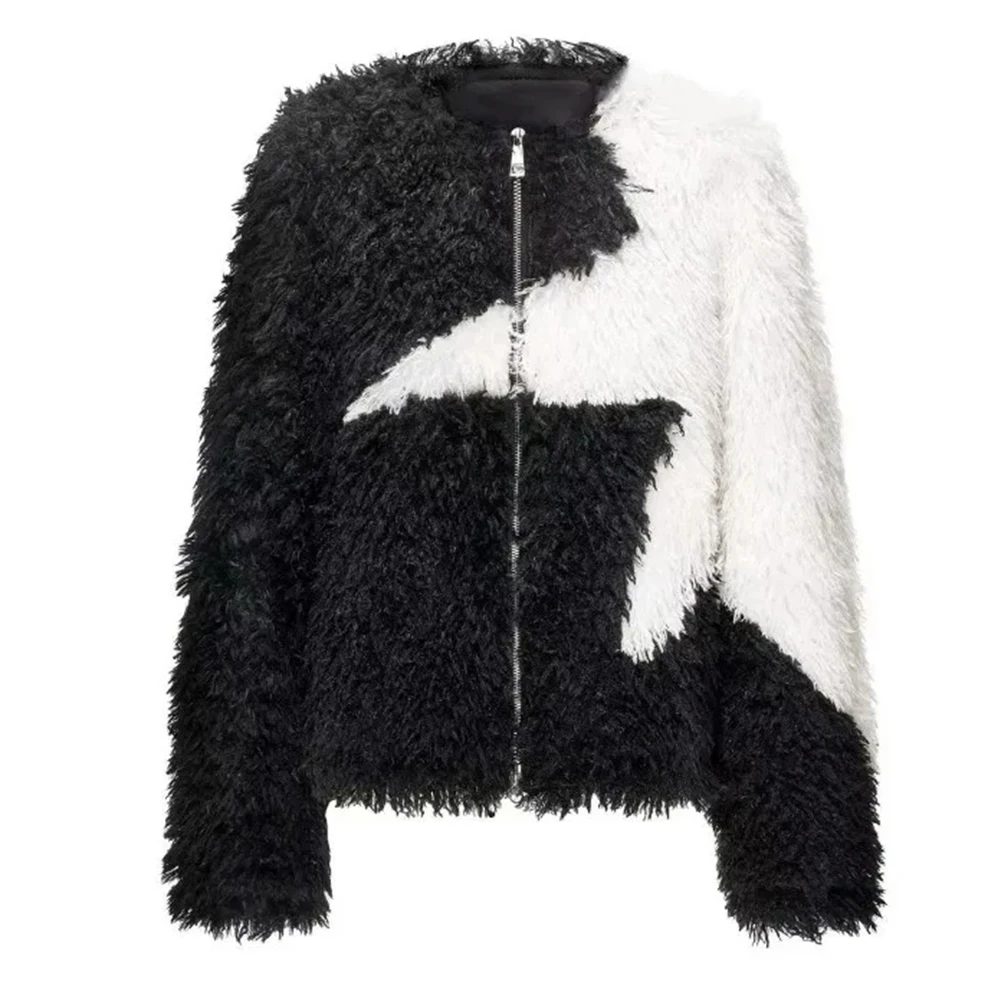 2023 Autumn Winter American Retro Zipper Contrast Color Fur Jacket For Women Harajuku Grunge Fashion Loose Warm Coat