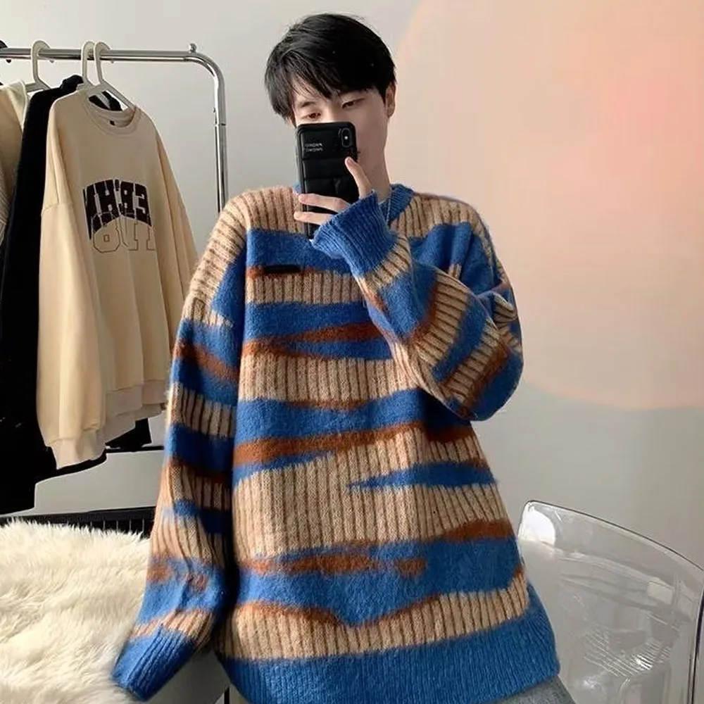 Men's Y2K Blue Vintage Striped Knit Knitwear Couple Sweater Sweatshirts Korean Autumn Winter Clothes Pullovers Blouse Tops Men