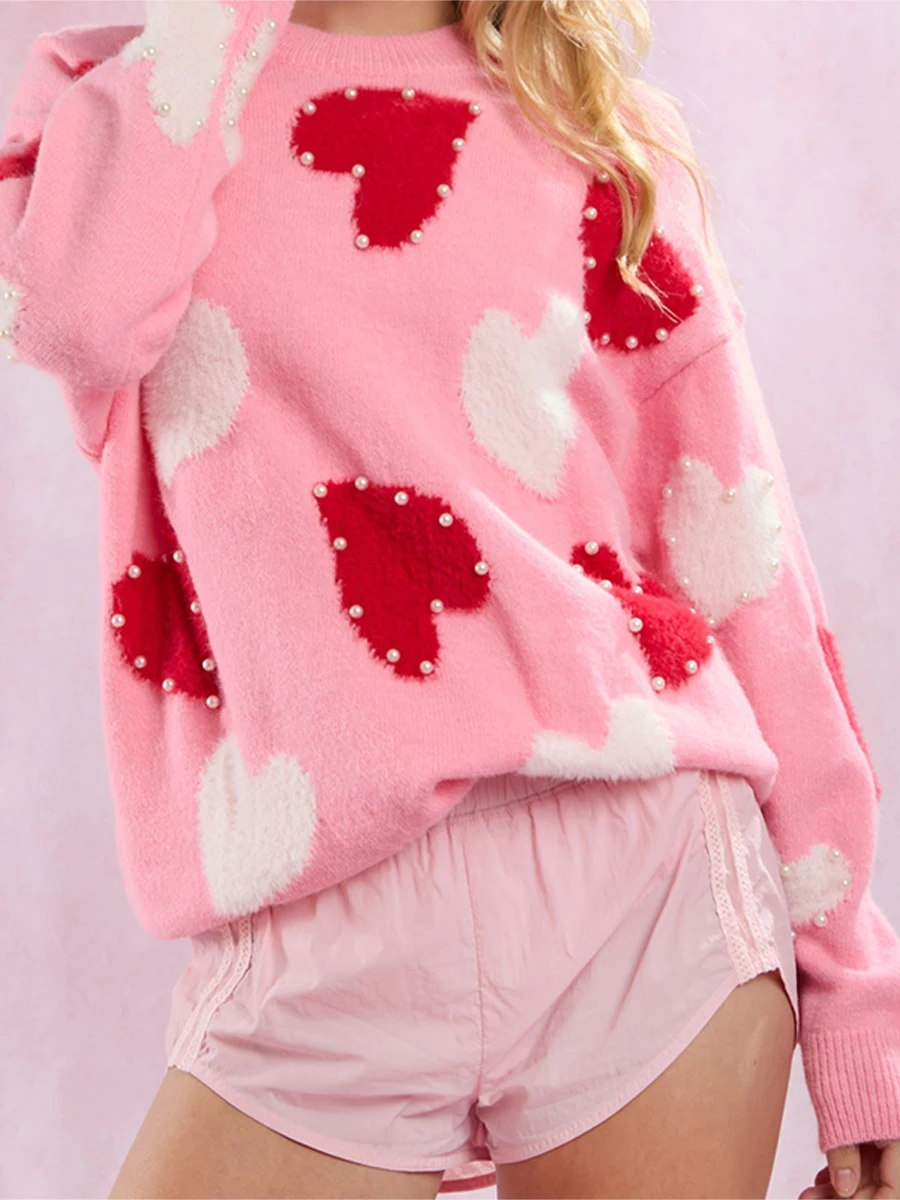 Valentine s Day Women s Heart Print Knit Sweater with Long Sleeves and Round Neckline Featuring Pearl Embellishments