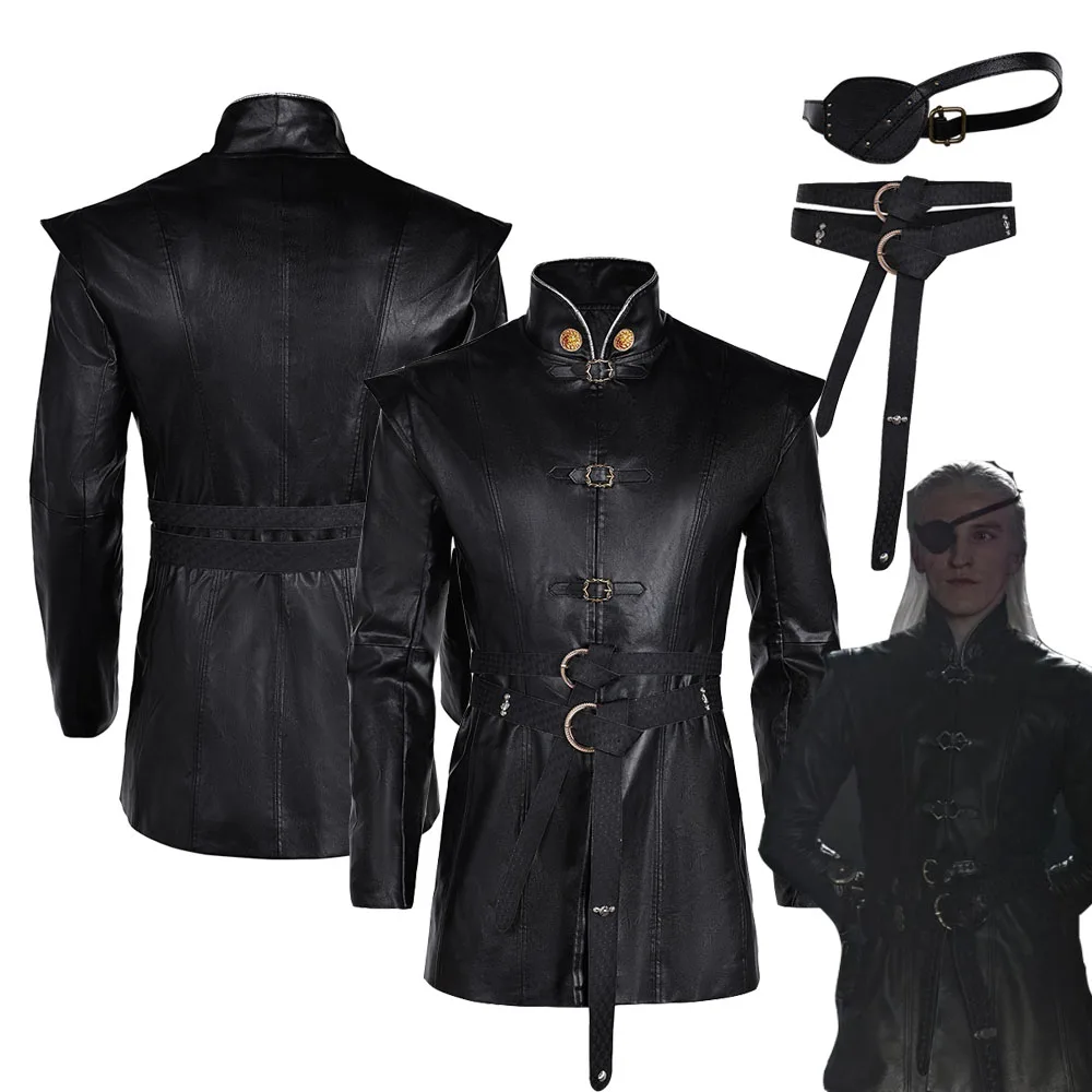 

Prince Aemond Cosplay Black Coat Belts 2024 TV Dragon Costume Outfits Adult Men Disguise Eyemask Clothes Halloween Carnival Suit