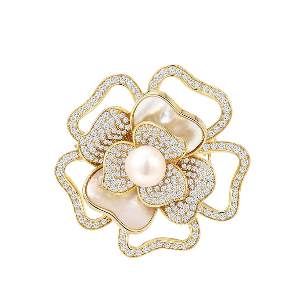 Rhinestones Pearl Brooches Pin for Women Flower Leaves Metal Pins Jewelry Decoration Elegant Crystal Brooch Garment Accessories