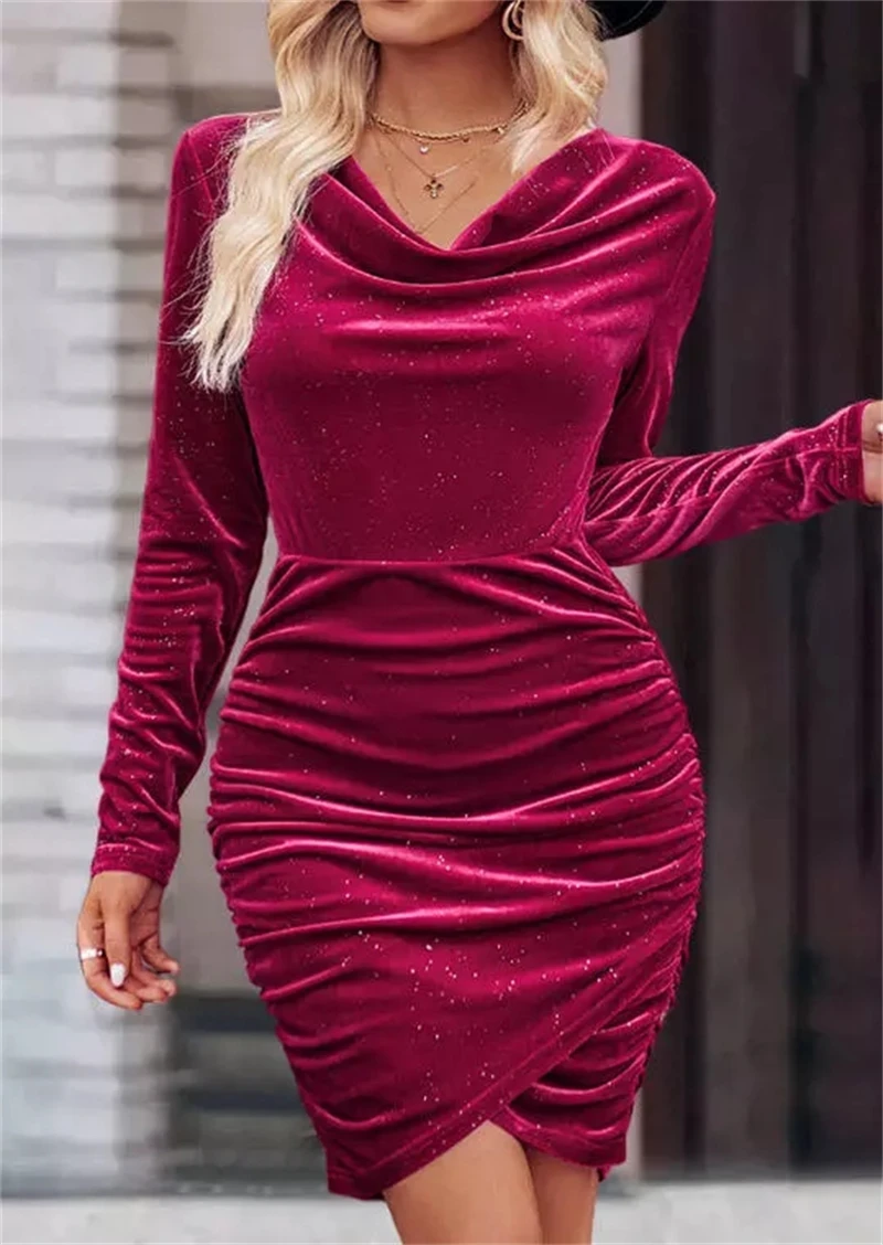 

Wrap Ruched Glitter Velvet Bodycon Dress Solid Long Sleeve Square Neck Dress 2023 Fall Sexy Evening Party Elegant Vestido Robe