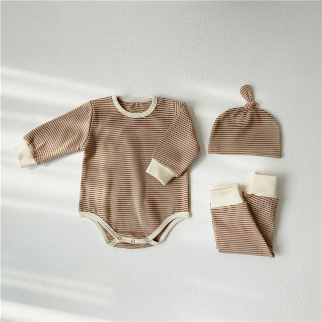 Romper Set Spring Stripe Pattern Long Sleeve Triangle Jumpsuit Trousers Hat Three-piece Suit Autumn Winter Kid Clothes Girl