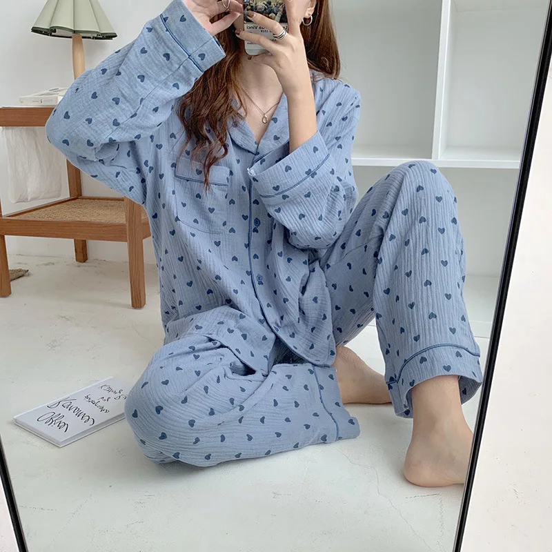 

Love Print Women's Pajama Set 2 Pcs Autumn Single Breasted Ladies Korea Style Long Sleeve Homesuit Pijama For Female