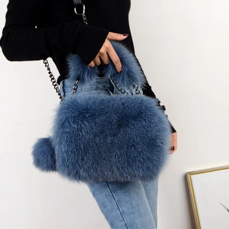 Temperament Women\'s Winter Fur Tote Luxury Fox Fur Fashion Small Square Bag Large Capacity Plush Shoulder Bag