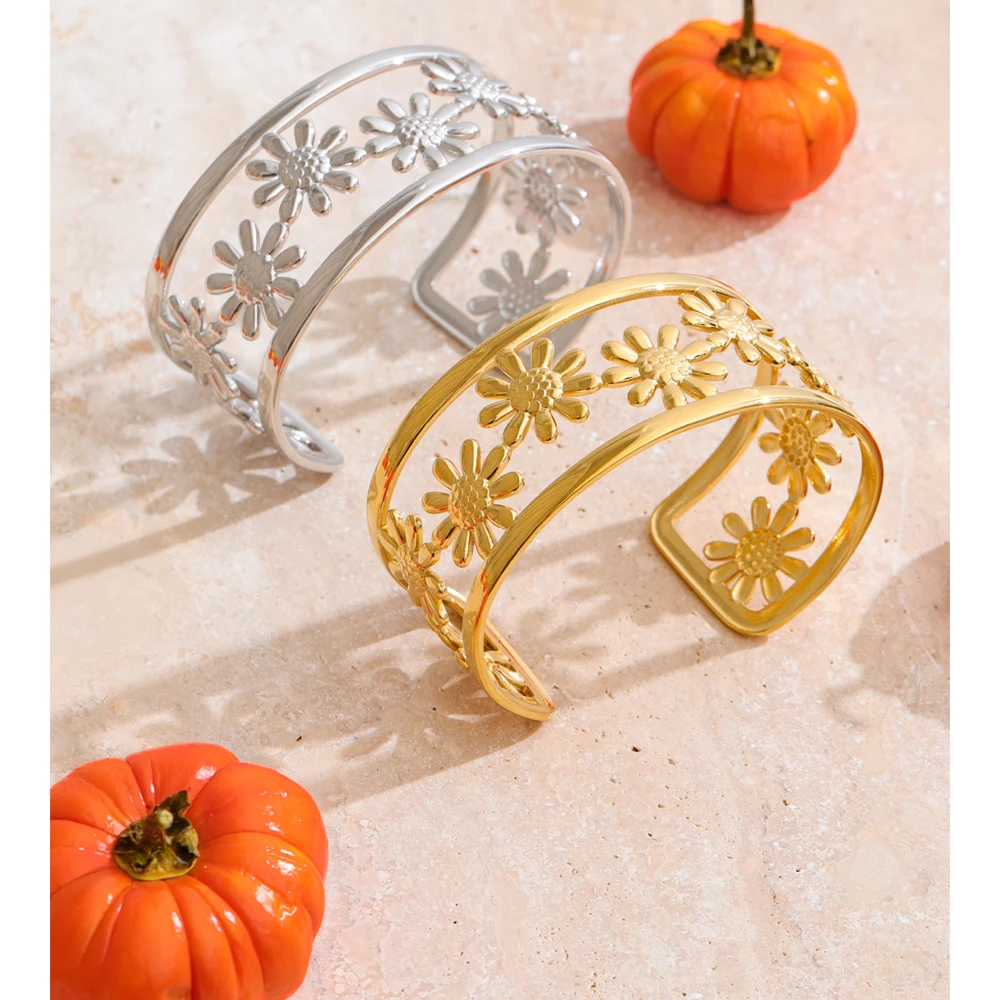 Yhpup Stainless Steel Flower Hollow Cuff Wide Bracelet Bangle