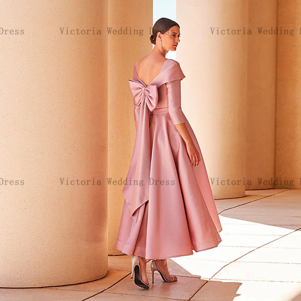 Elegant Pink Mother of the Bride Dresses V Neck 3/4 Sleeves Wedding Party Gowns Bow Satin A-Line Ankle Length فساتين السهرة mother bride dresses women party dresses