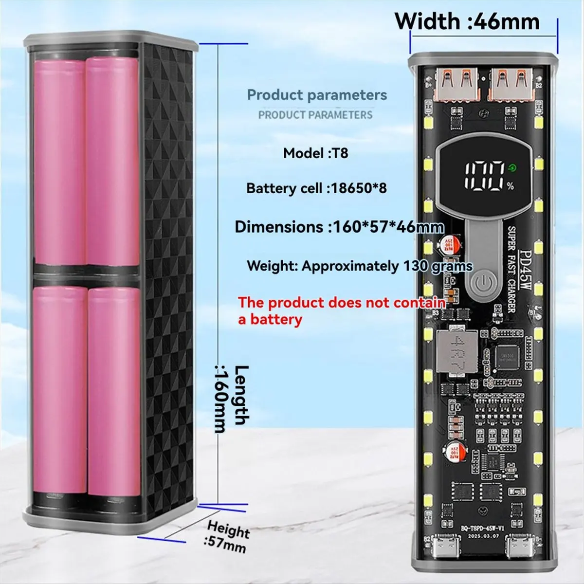 22.5W 8 슬롯 18650 DIY 파워 뱅크 케이스 고속 충전 파워 뱅크 케이스 대용량 디지털 디스플레이 배터리 저장소