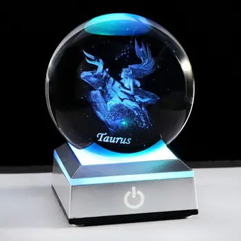 Taurus K9 Crystal Ball with Silver LED Base, 3D Constellation Sphere Figurine, Inner Etched, Miniature, Women Gifts 1