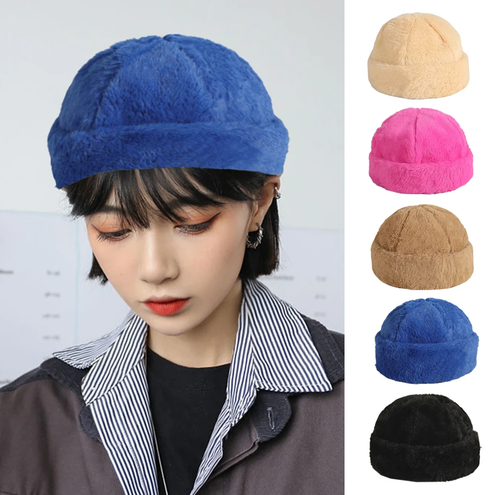 

Autumn Winter Korea Style Soft Rabbit Fur Women Landlord Hat Plush Warm Melon Hat Female Basin Caps Brimless Beret Hat
