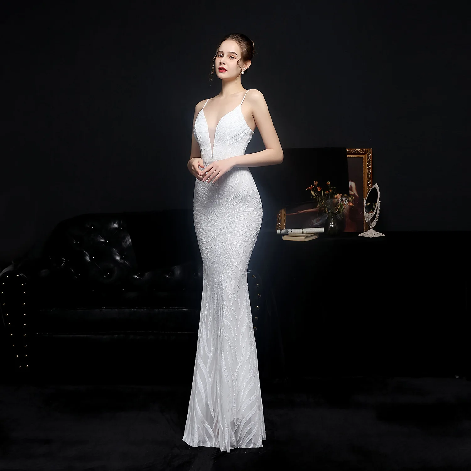

New Sequined Slim Fishtail Skirt Long Dress Performance Net Celebrity Event Banquet Car Model Etiquette Evening Dress