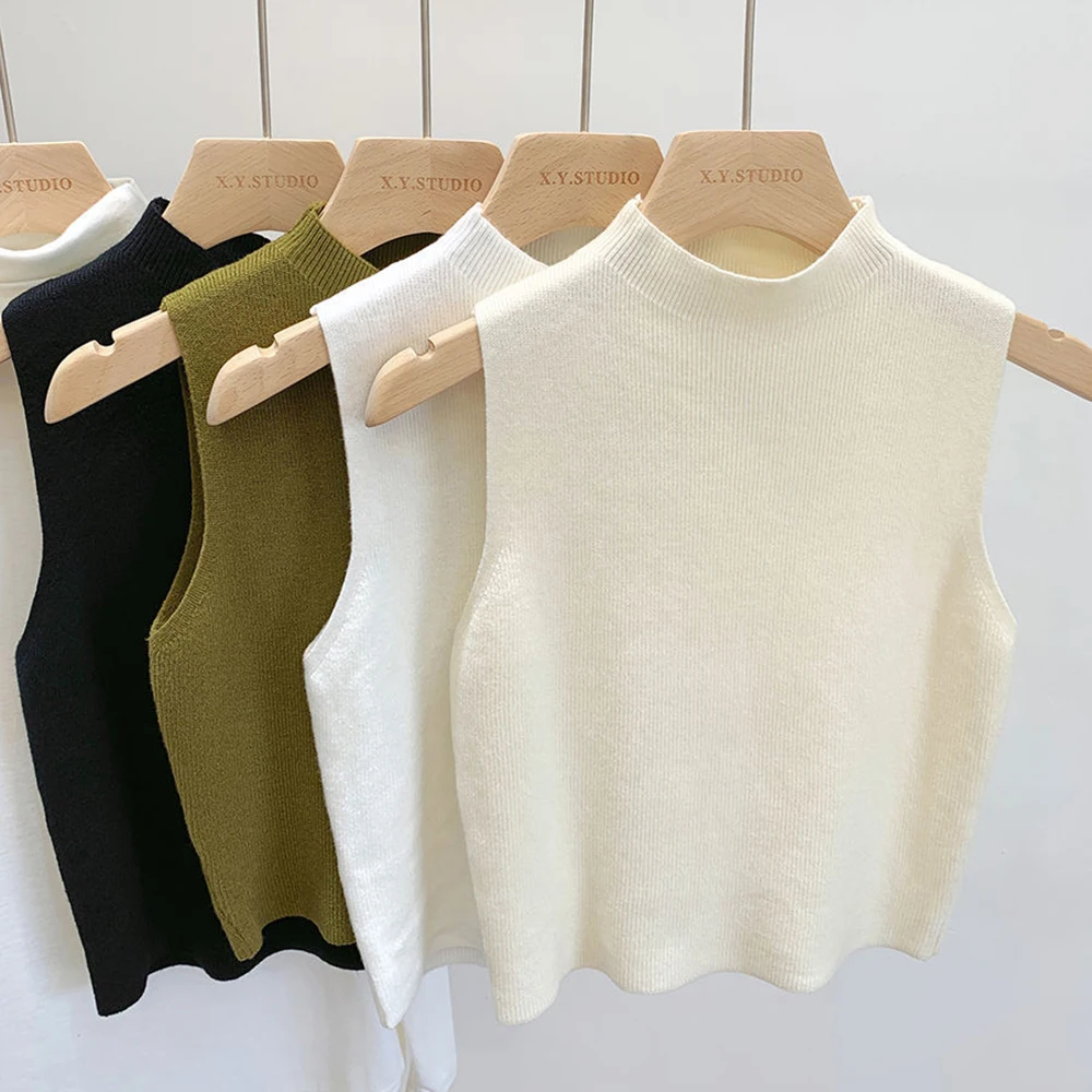 Spring Autumn Tank Tees Tops Knitted Sweater Camisole Temperament Cropped Half-turtleneck Vest Women Cropped Top Sleeveless