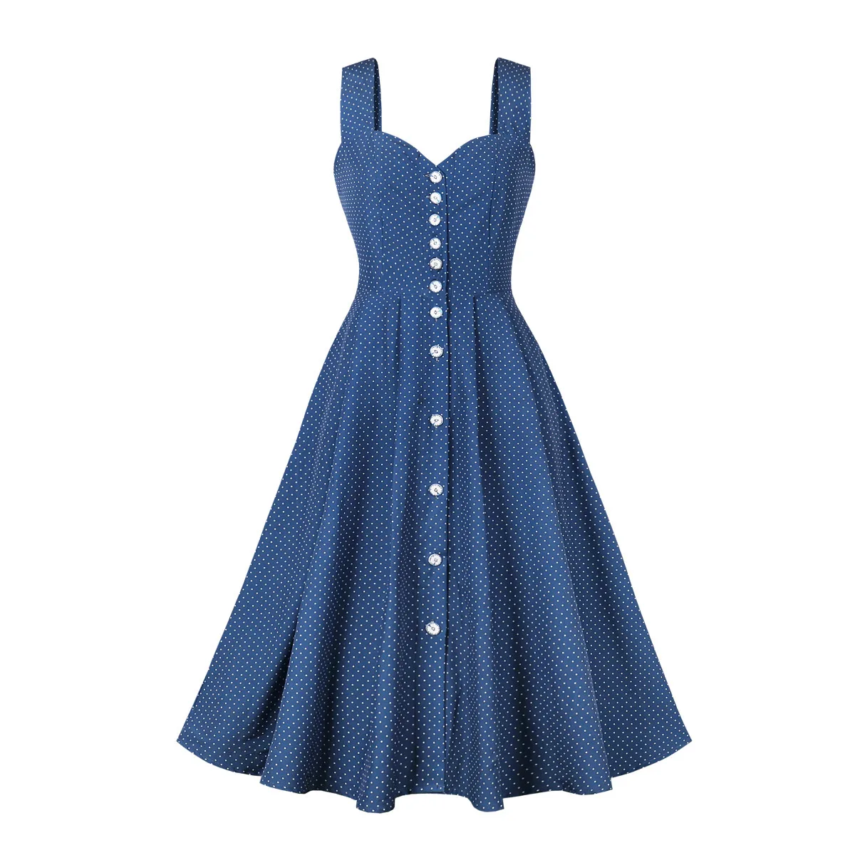 

Vintage Polka Dot Pleated Long Tank Dresses for Women 2024 Elegant Sweetheart Neck Single Breasted Summer A-Line Dress SR1446