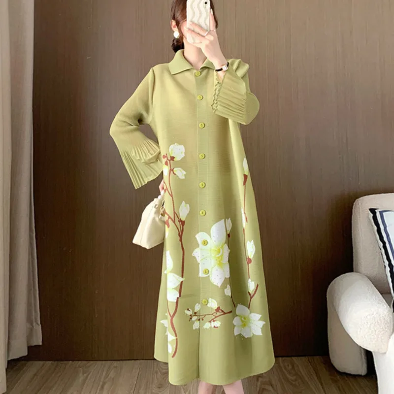 

COZOK New Chinese Style Flower Print Summer New Women's Dress Flip Collar Single Breasted Pleated Temperament Casual WT6091