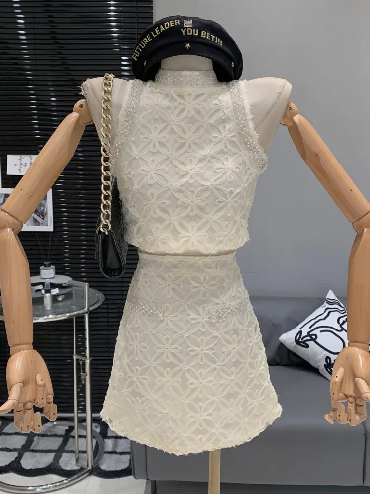 

Heavy Industry Beads Sleeveless Blouse Top + High Waist Mini Skirt Two-Piece Set Summer 2023 New 3D Jacquard Lace Suit For Women