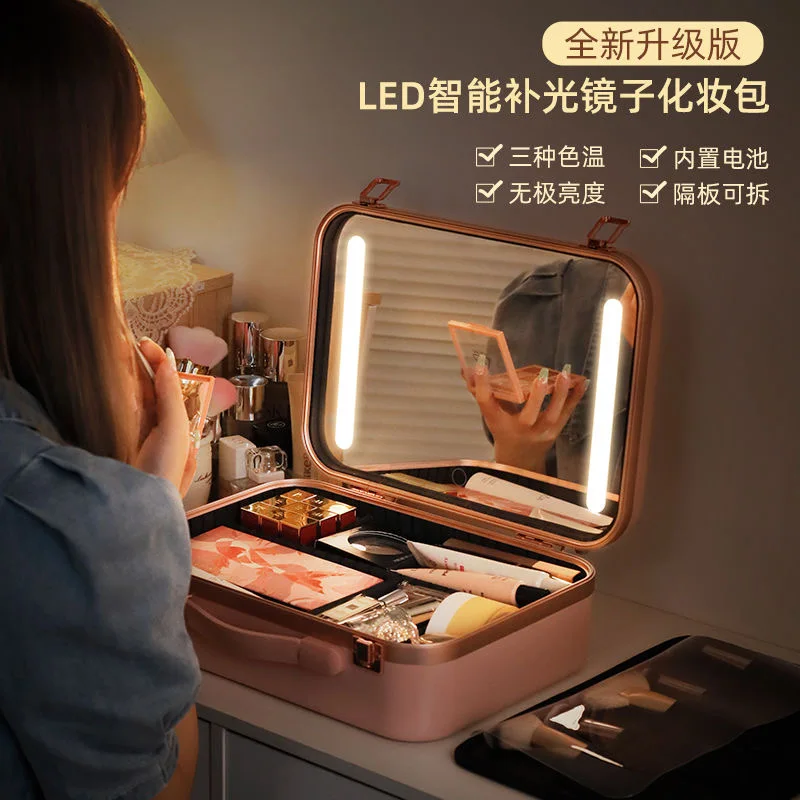 2022 New Lighted Cosmetic Case with Mirror LED Portable