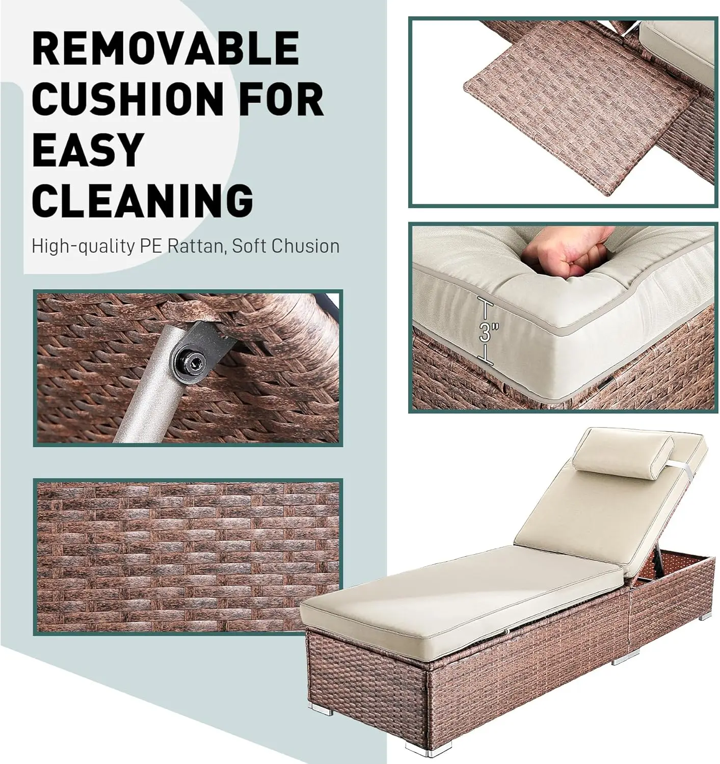 2-Pc PE Wicker Lounge Set w/Cup Holder & Adjustable Backrest, Brown Rattan for Poolside/Deck/Beach (Beige Cushions)