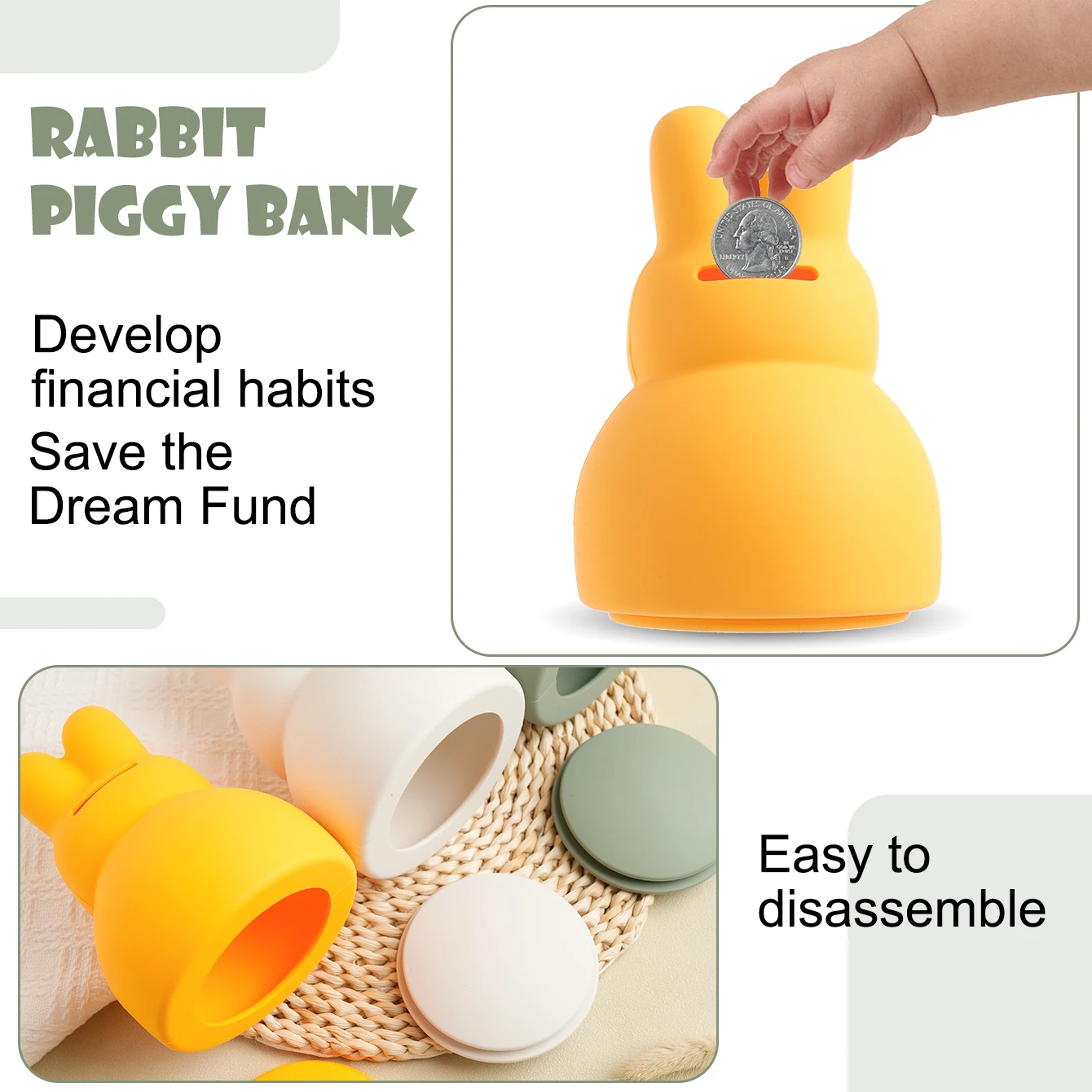 1PCS Silicone Baby Piggy Bank Cute Rabbit Shape Baby Products Solid Color Coin Bank Practical Gifts For Boys And Girls