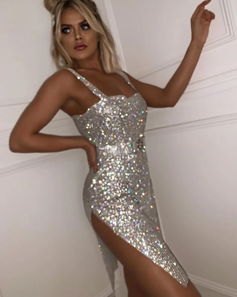 

Popular Night Club Show Sexy Sling Metal Mesh Drill Long Dress