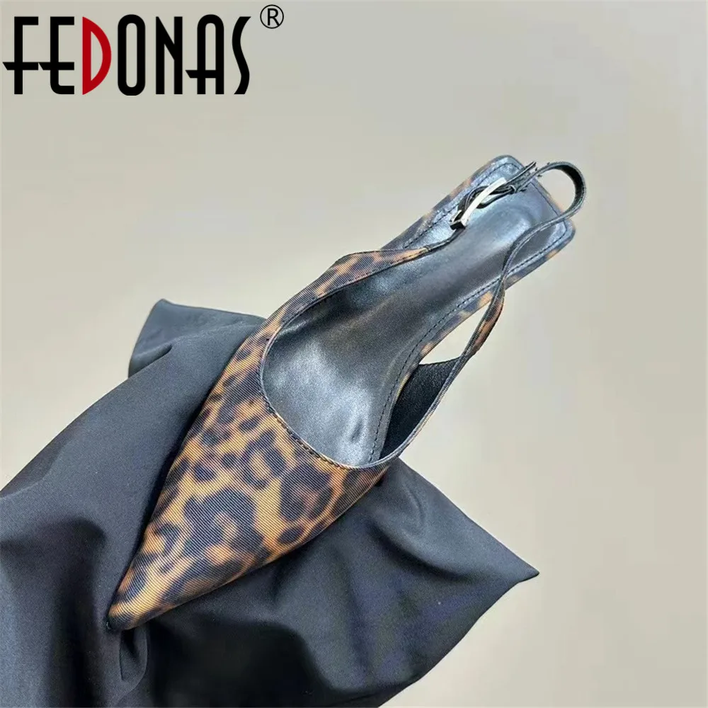 FEDONAS Ins Women Kitten Heels Slingbacks Sandals Leopard Genuine Leather Pointed Toe Party Wedding Shoes Woman Quality Pumps