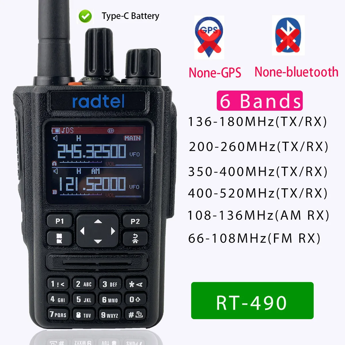 Nessuno-Gps/Buletooth Ver. Radtel Rt-490 Radioamatore Amatoriale 256Ch Air Band Walkie Talkie Vox Sos Lcd Scanner Della Polizia Aviazione