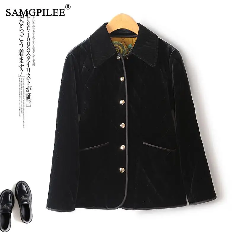 

European Station Classic Woman Parkas 2023 Turn Down Collar Velvet Single Breasted Retro Thickened Quilted Winter Coat For Women