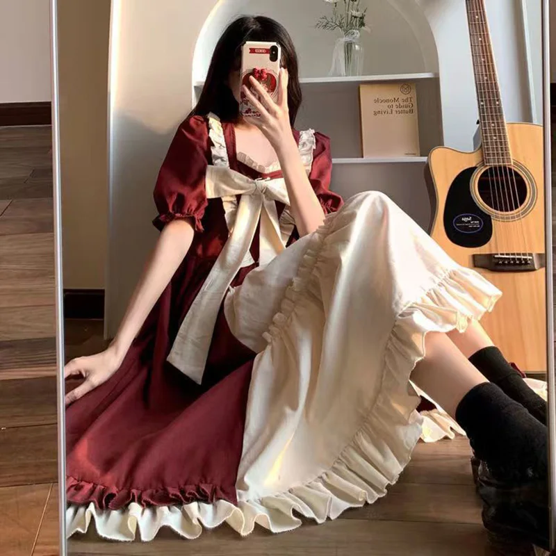 

Новинка 2022, японское платье с пышными рукавами, красная юбка JSK с квадратным вырезом, длинная юбка в Стиле Лолита, платье для косплея колледжа XXL, платье с бантом на бретелях для девушек