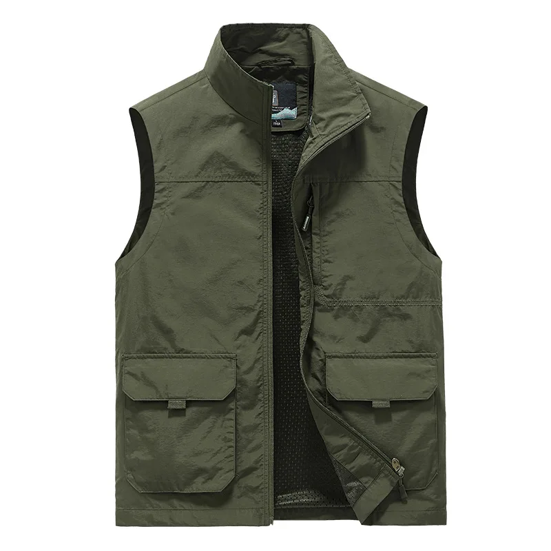 Men Outdoor Vest Multi-Pocket Zipper Solid Color Fishing Director Reporter Work Waistcoat Photography Casual Vest Jacket Male